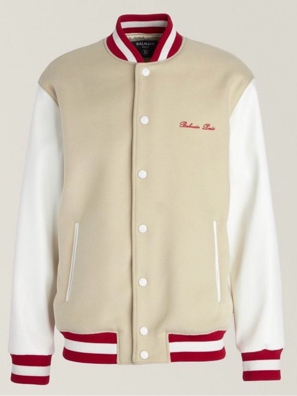 Balmain Embroidered Cursive Logo Letterman Jacket, Size IT 54, New w/Tag $3,990